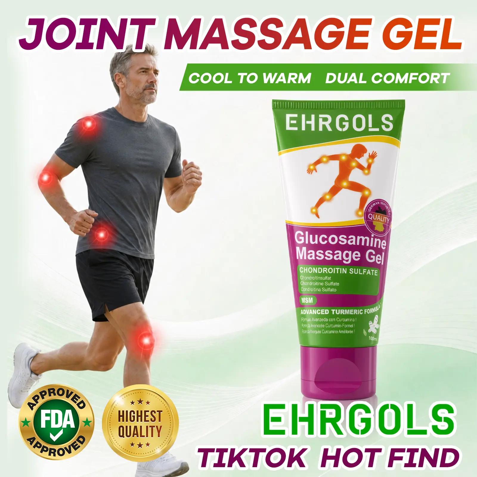 Ehrgols Joint Massage Gel 3.4 fl oz/100ml | With Glucosamine & Turmeric | Cooling-to-Warming Sensation | For Knee, Lower Back, Shoulder, Ankle & Muscle Comfort | Non-Oral, Pre & Post-Workout Massage Gel
