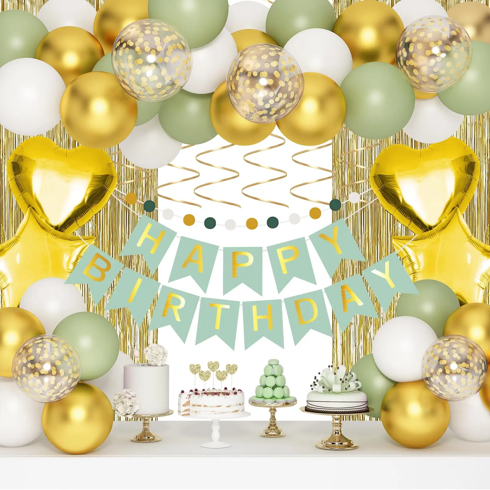 Happy Birthday Decorations Kit，Birthday Party Decorations, Gold and Olive Green/Navy Blue Rose Gold/Blue and Silver Balloons Birthday Decor Happy Birthday Party Balloons for Men Women Boys Girls Baby Shower Birthdays Supplie Wedding Decoration