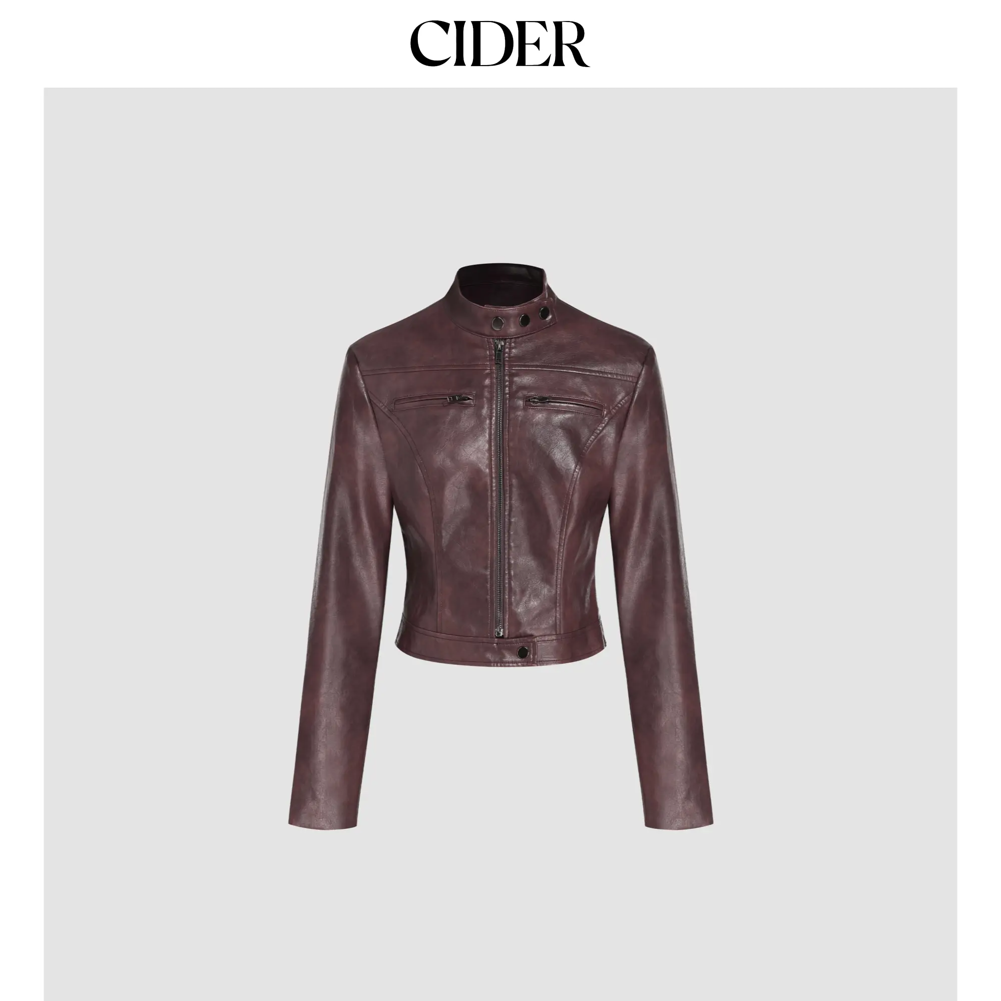 Cider Women's Faux Leather Biker Jacket with Stand Collar, Rayon Zip-Up Fashion Outerwear