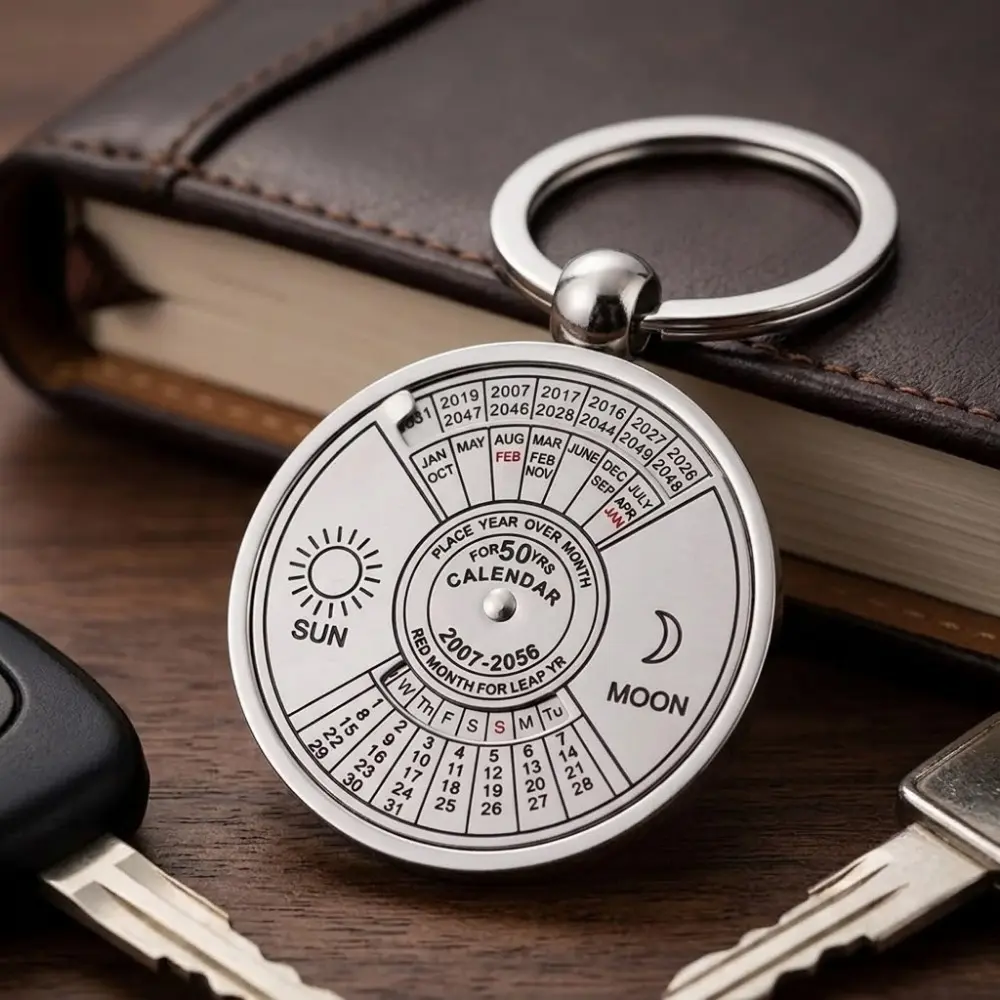 Stainless Steel Rotary Perpetual Calendar Keychain | 50-Year Date Tracker | Portable Quick Reference | No Battery Needed | Durable Business & Student Gift | Vintage Mechanical Week Finder