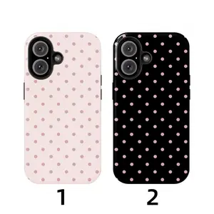 Pink  Black polka dot phone case, suitable for iPhone 17, 16, 15, 14, 13, Pro, max, plus. Smartphone case, shockproof, protective case, outer case, double-layer protective case