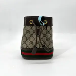 Pre-owned GUCCI Canvas Bucket & Drawstring Bag GG Supreme Monogram Web Small Ophidia Brown