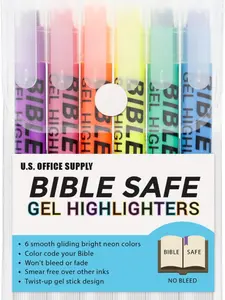 Bible Safe Gel Highlighters, 6 Pack Set - 6 Different Bright Neon Fluorescent Highlight Colors Yellow, Orange, Pink, Purple, Green, Blue - Won't Bleed, Fade or Smear - Study Guide