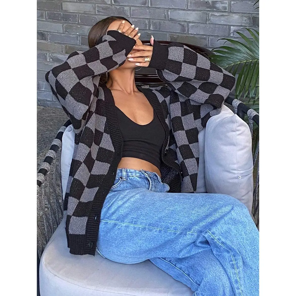Checkerboard Pattern Casual Cardigan Sweater For Women,Long Sleeve Tops,Fall Clothes Checkerboard