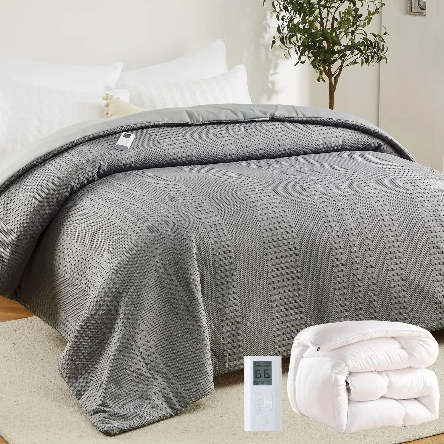 Queen Heated Comforter Electric Blanket, 90"*90" Waffle Weave Heating Blanket with Wireless LCD Controller, 6 Heat Levels & 2-10H Time Settings, UL Certified, Grey