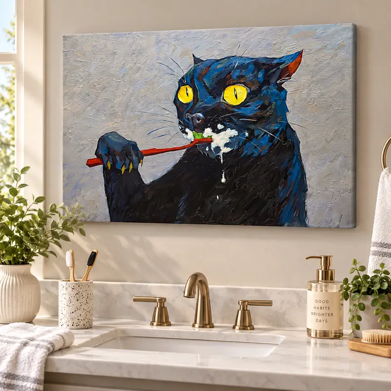 Quirky Black Cat Toothbrush Canvas Artwork - Artistic Impasto Oil Painting Style Unframed Colorful Graphic Prints, Picture Image Prints for Home Wall Decor, Unique Home Supplies Gift