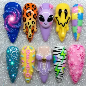 Cyberpunk Leopard Press on Nails 3D Floral Space Liquid Metal Alien Gothic Green Cat Eye Galaxy