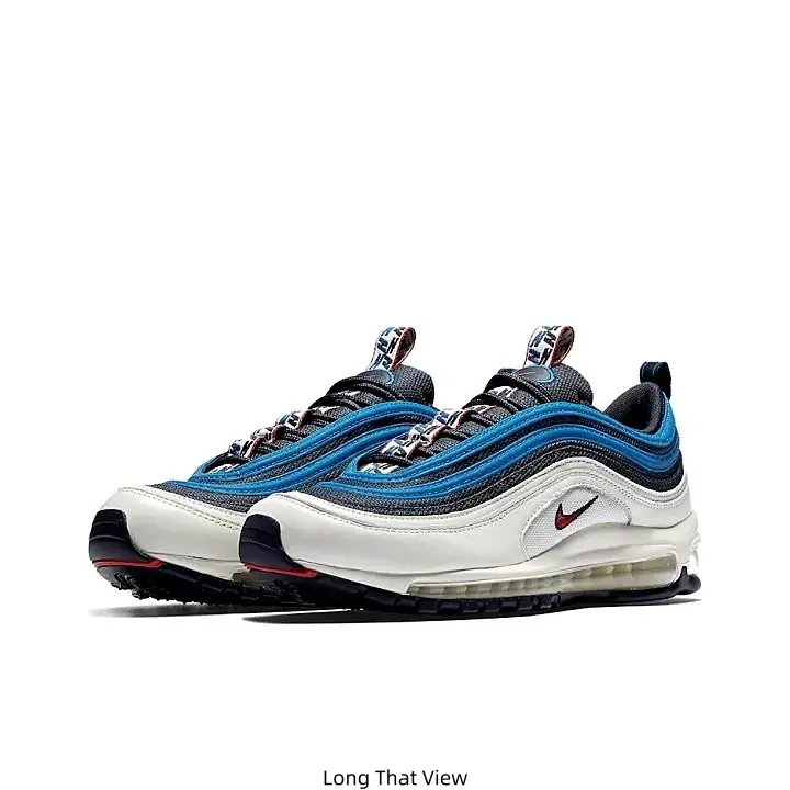 Low Top Full Air Cushion Running Sneakers White Black And Blue Multi-Layer Wavy Fabric Upper Red Nike Swoosh Logo White Midsole Transparent Visible Air Unit Black Rubber Anti-Slip Outsole Lace-Up Breathable Casual Sports Trainers for Men Women