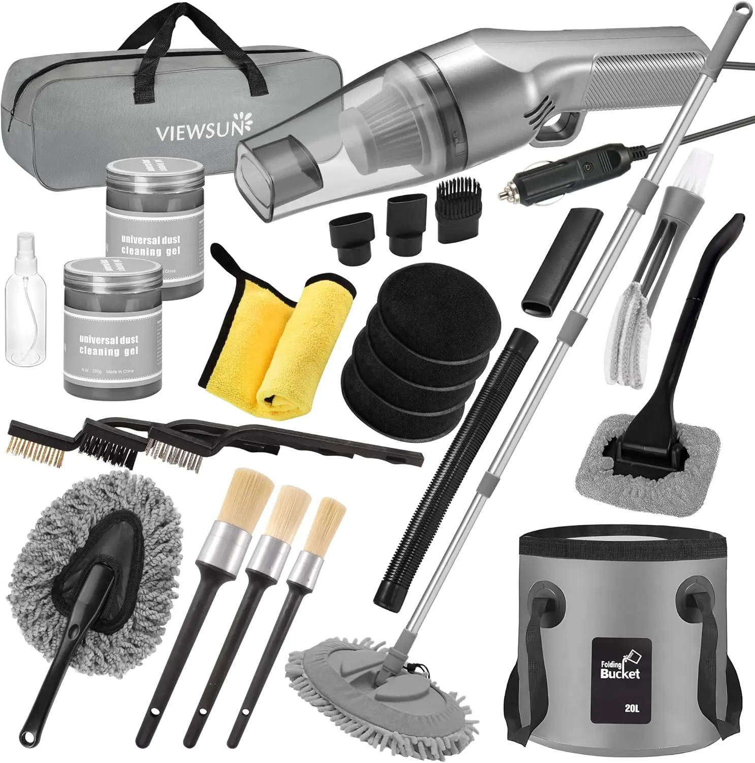 【Summerfinds】Viewsun 21Pcs Car Cleaning Kit - High-Power Handheld Vacuum, Adjustable Long-Handle Wash Mop, Bucket, Detailing Brushes, Windshield Cleaner, Collapsible Parts, Microfiber Towel - Complete Supplies, Christmas Gift Set