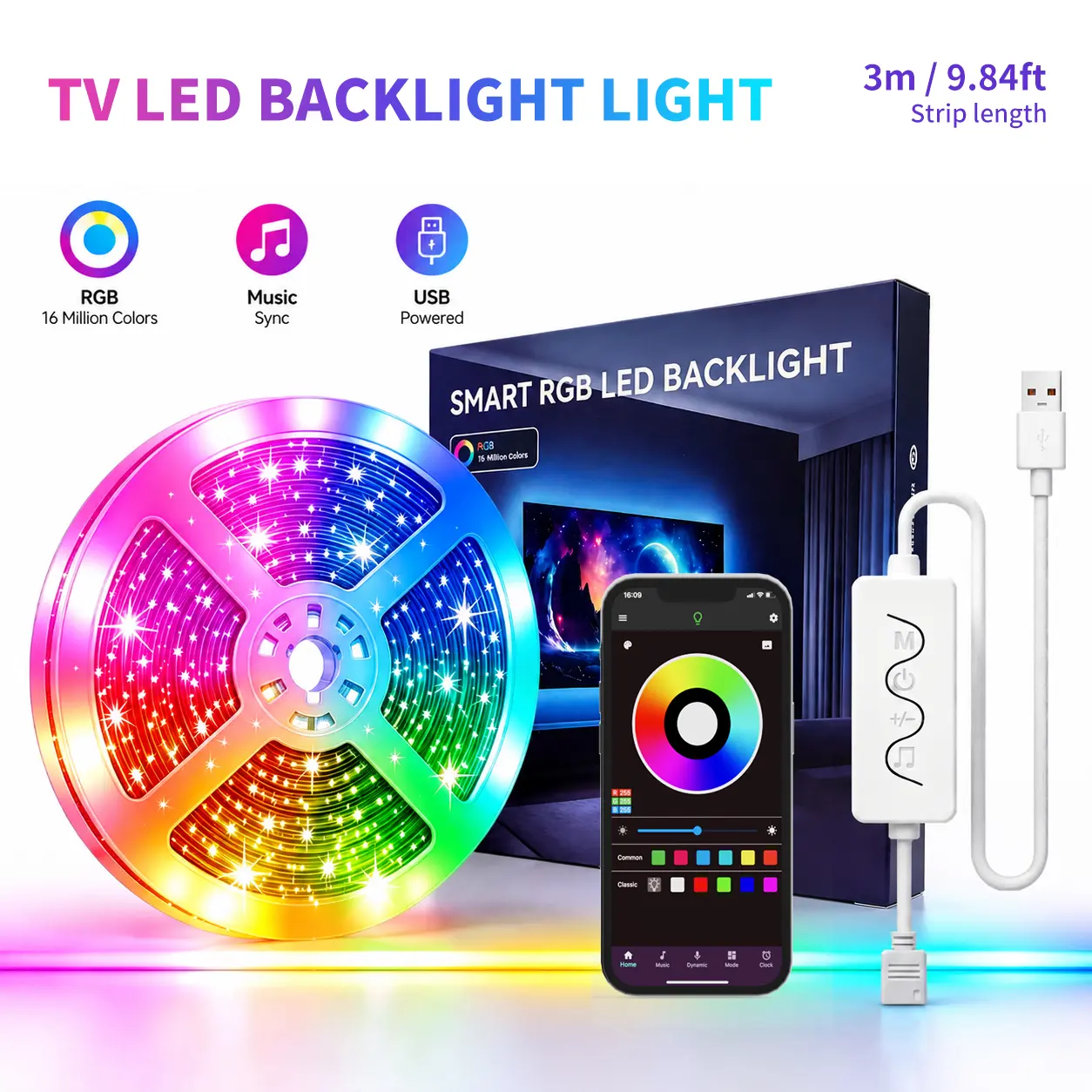 RGB Multi-Color Smart LED TV Light Strip, 9.84ft USB-Powered for 32-75" TVs, Bluetooth APP & Remote Control, Rhythm RGB Light Sync, Flexible Ambient Lighting for Movies, Gaming & Home Decoration