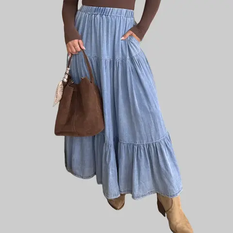 Women's Black Lyocell Denim High-Waisted Tiered A-Line Maxi Skirt with Pockets, Frayed Hem, 3 Sizes (S/M/L) - Black Skirt