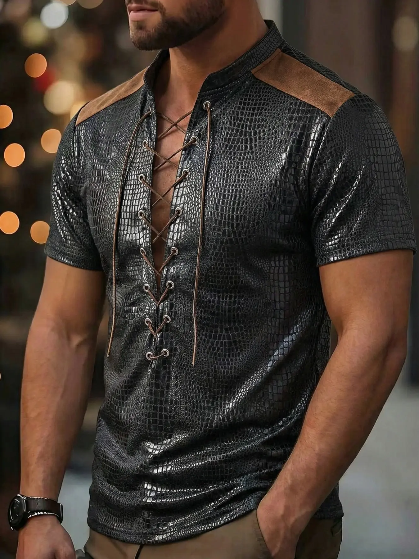 Spring New Snake Print Drawstring Short Sleeve Casual Party Shirt, Casual Daily Wear, Fashionable Commute Essential, Perfect for Parties and Gatherings, Menswear