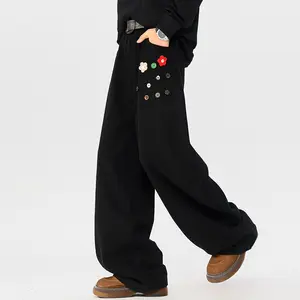Men's casual long pants, flower button craft, stylish loose straight-fit cargo pants, plus sizes