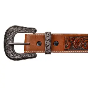 Tooled Leather Belt & Antiqued 2 Piece Ranger Buckle Set