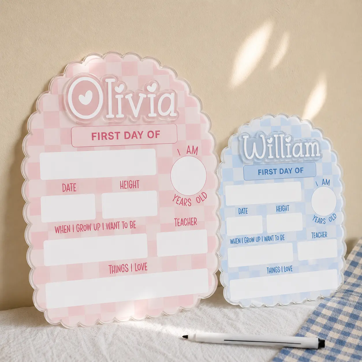 Personalized Acrylic First Day of School Sign, Custom Checkered Board for Kids, Back to School Photo Prop, Reusable Milestone Marker