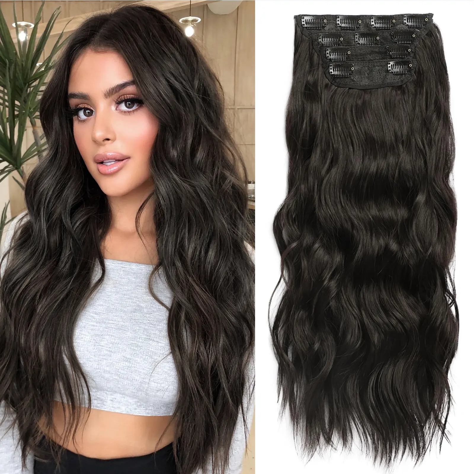 Clip in Synthetic Hair Extensions Long Wavy 4PCS Thick Hairpieces to Chestnut Fiber Double Weft Natural Hair Extensions for Women