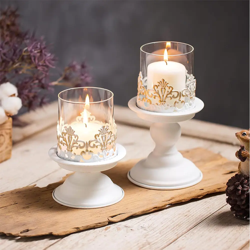 2-Piece Set of Elegant Metal Candle Holders for Table Centerpiece - Antique Design for Pillar Tealight, Golden/Black/White, Perfect for Wedding and Home Decor, Tabletop Mounting Home Accessories Exquisite Embossed Detail, Glass Candle Holder