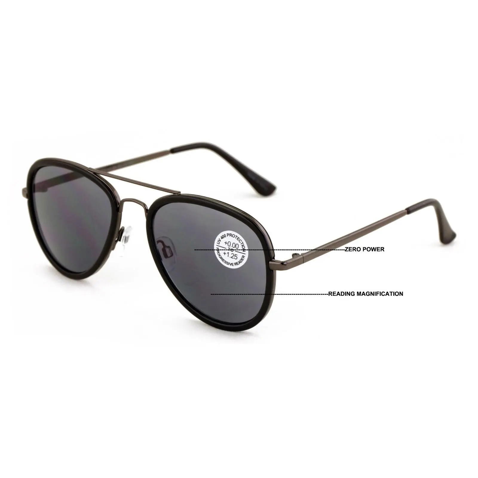 Large Metal Tear Drop Progressive Reading Sunglasses - Zero Power On Top No Line CR03