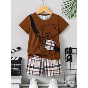 Children's Autumn and Winter Fashion Flannel  Two-piece Set  Toddler Kid's Clothes For Spring Fall Winter Daily & Outdoor Wear 2pcs Boys Casual Cute Bear Print Comfortable Versatile Short Sleeve T-shirt & Plaid Shorts Set, Cool, Lightweight