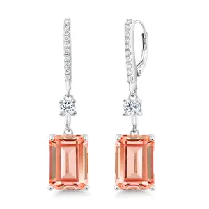 Gem Stone King 925 Sterling Silver Peach Nano Morganite and White Topaz Dangle Earrings For Women (13.56 Cttw, Emerald Cut 14X10MM)
