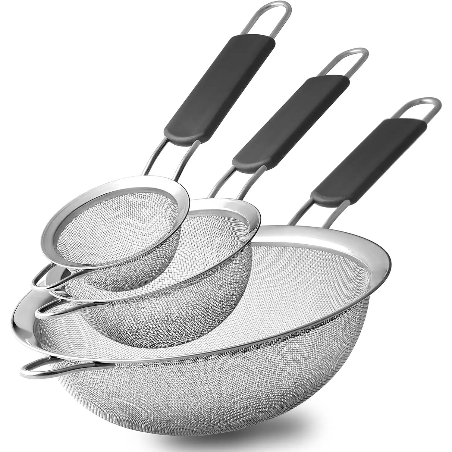 Stainless Steel Fine Mesh Strainers, Set of 3 Sizes Strainer for Kitchen, Wire Sieve with Insulated Handle Kitchen Strainer, Baking Tools Colander,  Preparation, Flour Sifter, Rice, Pasta Strainer