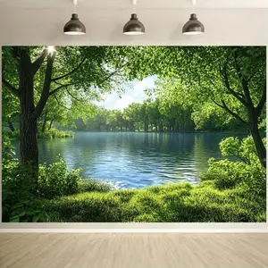1PC Polyester 2D Flat Natural Forest Lake Tapestry Wall Mural - Reusable Home Decoration for Bedroom, Living Room - Birthday Backdrop Wall Hanging,summerwins