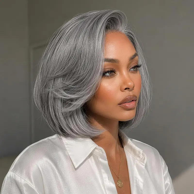 [New Arrival]Frodio Veralux™ Blend Human Hair Layered Bob Wig 8 Inches Salt and Pepper Gray Wig | Glueless, Pre-Cut Lace, Wear and Go, Silver Wig  Other