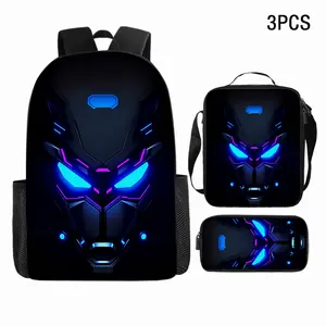 Durable Water Resistant 3-Piece Backpack Set for Kids, Lightweight School Bag with Lunch Box & Pencil Case, 600D Oxford Cloth, Breathable Padded Straps & Mesh Back, Large Capacity Fits 15-inch Laptop, Insulated Lunch Bag, Neon Cyberpunk Panther Helmet Pri