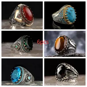 6-piece set of men's business artificial gemstone rings, anniversary gift, birthday party, engagement gift