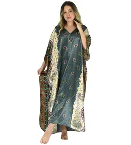 Up2date Fashion Women's Satin Kaftan Unique Paisley Print Caftan Plus Size Style Caf-04 V Neckline Golden Piping Galaxy Stardust Print Machine Washable Poly-Satin Dress