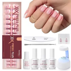 Beetles X Press On Nails Kit Short Square French Tip with 150Pcs Pink Tips Glue Remover Top Coat & Nail Lamp for Flawless DIY Nails
