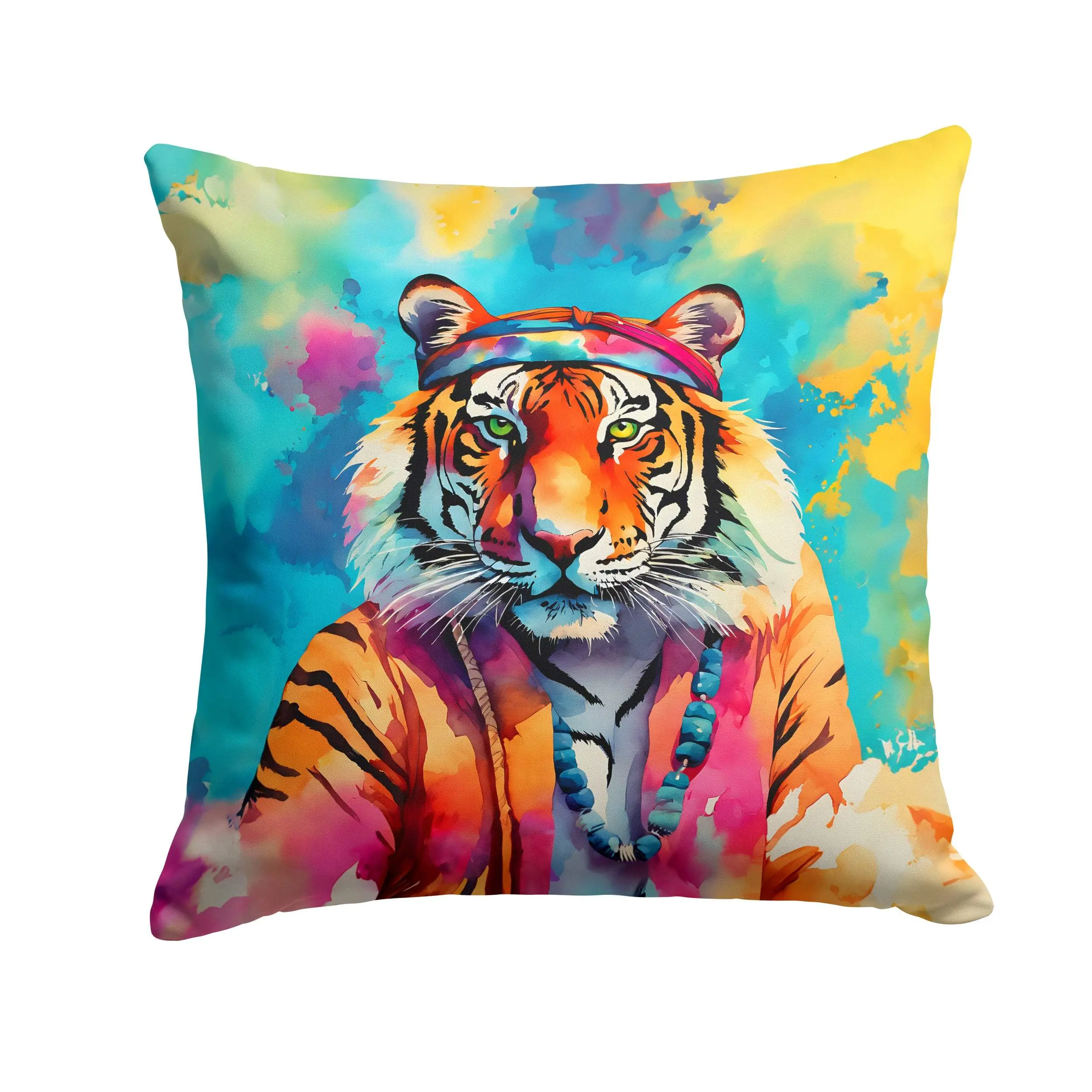 Hippie Bengal Tiger Animal Throw Pillow, Vivid Artistic Flair Design, 14x14 in Cushion for Outdoor Seating