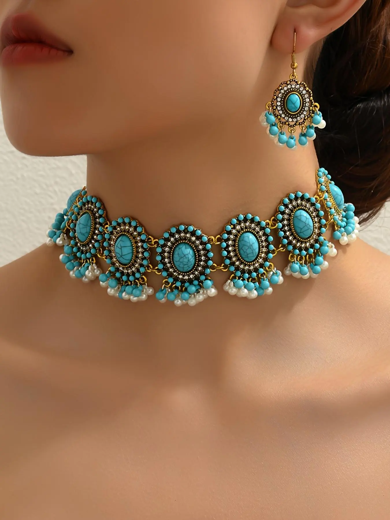 Boho Style Turquoise Beads Decor Necklace & Dangle Earrings, Vintage Trendy Jewelry Set, Fashion Accessories for Women & Girls, Decoration