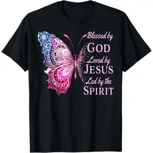 Blessed by God Loved by Jesus Pink Butterfly T-Shirt Graphic tees Casual Cotton