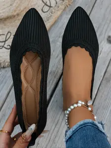 Knit Pointed Toe Flat Shoes for Women, Breathable Slip-on Loafers, Casual Flats