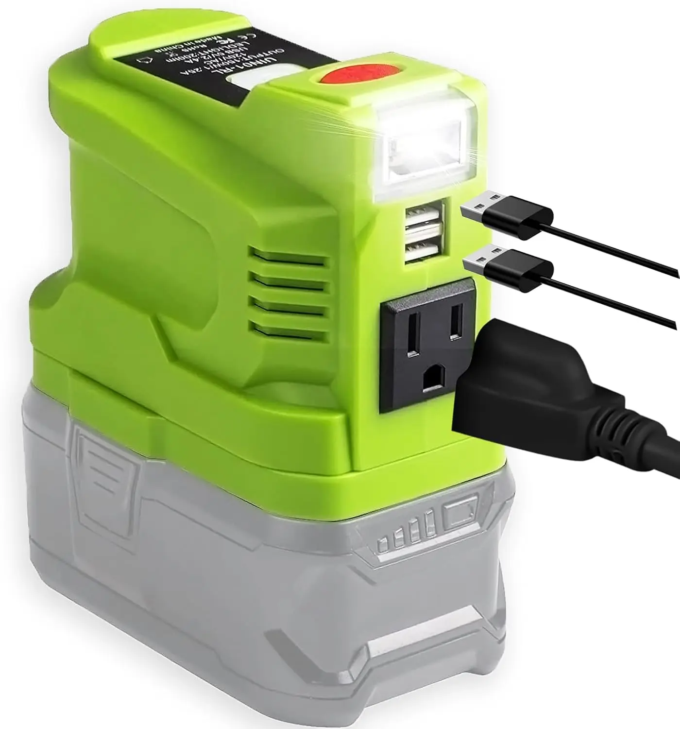TPDL 150W Power Inverter Generator for Ryobi 18V Battery - Converts 18V DC to 110V~120V AC, Includes 2 USB Ports and 200LM LED Light