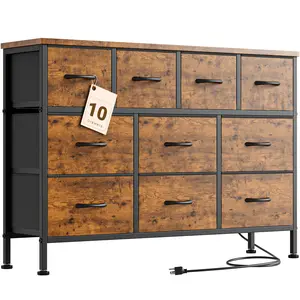 【Deals for Your Days】AOWOS 10 Drawer Dresser, Dresser TV Stand with Power Outlet, Bedroom Dresser, Chest of Drawers for 55'' Long TV, Wide Fabric Dresser for Storage and Organization