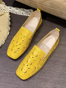 Stylish Women's Embroidered Square Toe Flat Shoes, Versatile Slip-On Design with Faux Leather and Rubber Sole, Comfortable Lightweight Everyday Walking Footwear