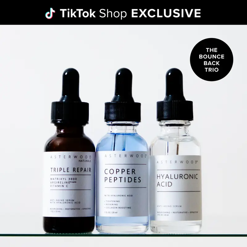 Bounce Back Trio | Copper Peptides Serum + Hyaluronic Acid Serum + Triple Repair Serum | Anti-Aging, Hydrating, Restoring, Collagen Boosting & Brightening Bundle