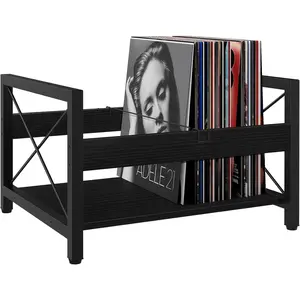 Vinyl Record Holder, Wooden Record Crate Fits 7" -12" Records, Vinyl Shelf Holds up to 50-100 Albums, DVDs, CDs or Files Wood Book Storage Stand Desktop Organizer Box (Black)