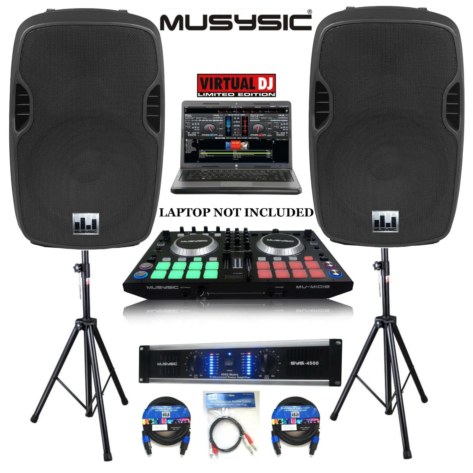 Professional DJ System 4500W Amp DJ MIDI Controller w/ 8 Touch Pads 15" Speakers