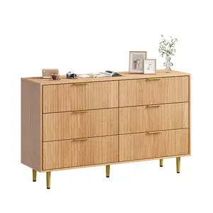Wood Grain 6 Drawer Dresser Modern Fluted Drawer Dresser Wood Chest of Drawers with Metal Handles and Legs Storage Organizer
