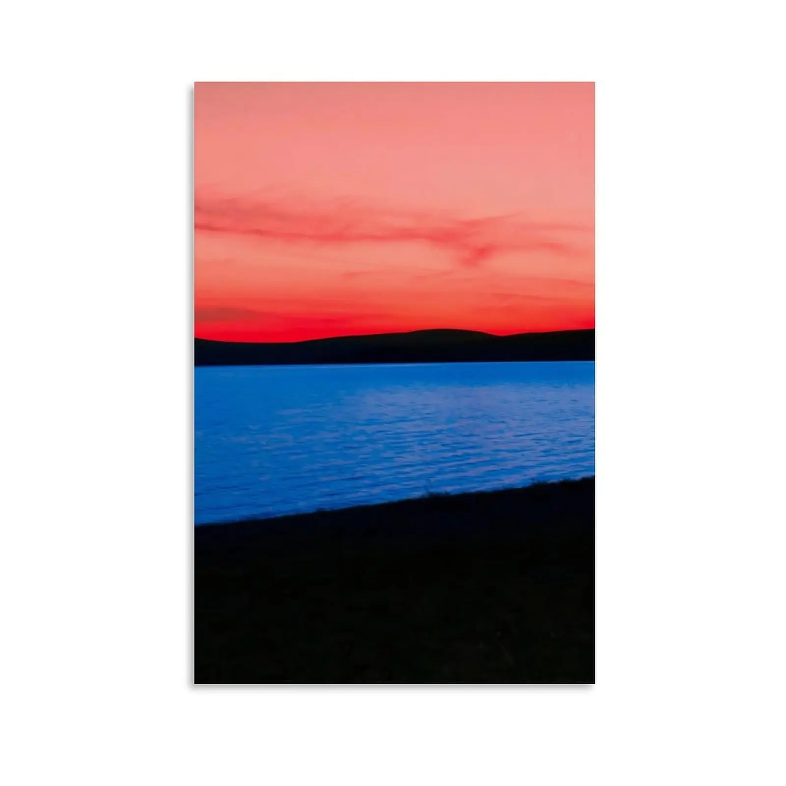 Minimalist Sunset Lake Frameless Canvas Wall Art - Red Sky, Blue Water Color Block Landscape Poster, High-Quality Print for Bedroom, Living Room Decor, Frameless Print
