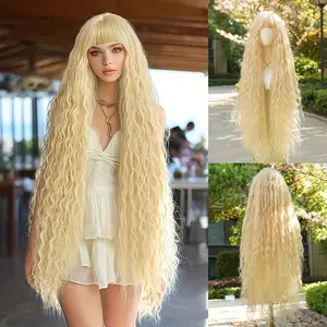 44 Inch Extra Long Blonde Cosplay Wig with Bangs Loose Long Curly Blonde Wig Soft Synthetic Heat Resistant Costume Wig for Women Party Wedding Cosplay Halloween