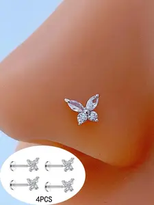 4pcs Butterfly CZ Nose Studs, Threadless Flat Back Hypoallergenic Stainless Steel, Push Pin Cartilage Earrings, Helix Tragus Piercings, 20G 6mm, Nose Piercing Jewelry