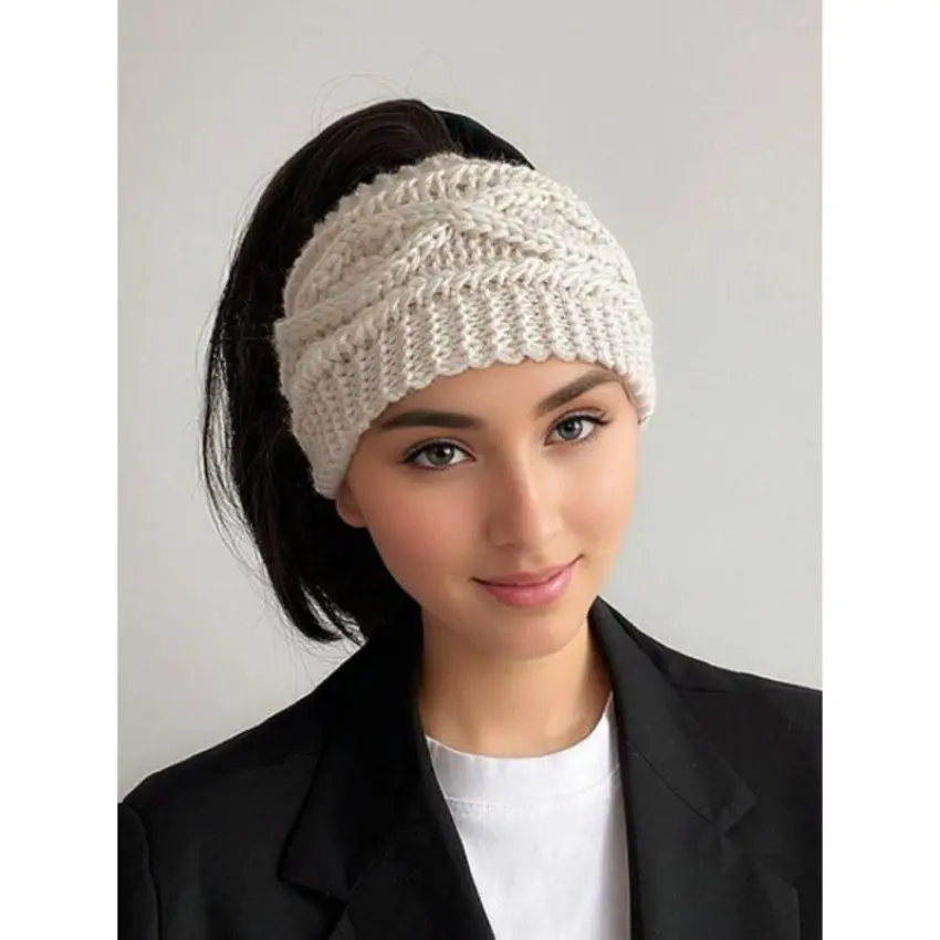 Unisex Multifunctional Crochet Knit Headband - Solid Color, Ponytail-Fit, Warm Ear Protection, Elastic Jacquard, 1 Size, Cozy Winter Outdoor Sports & Casual Hair Accessory for Women, One Size