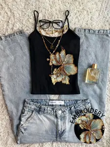 Women's Vintage-Inspired Gold Floral Embroidered Cami Top, Trendy Y2K Vibe Sleeveless Tank For Street Style & Everyday Outfits Embroidery