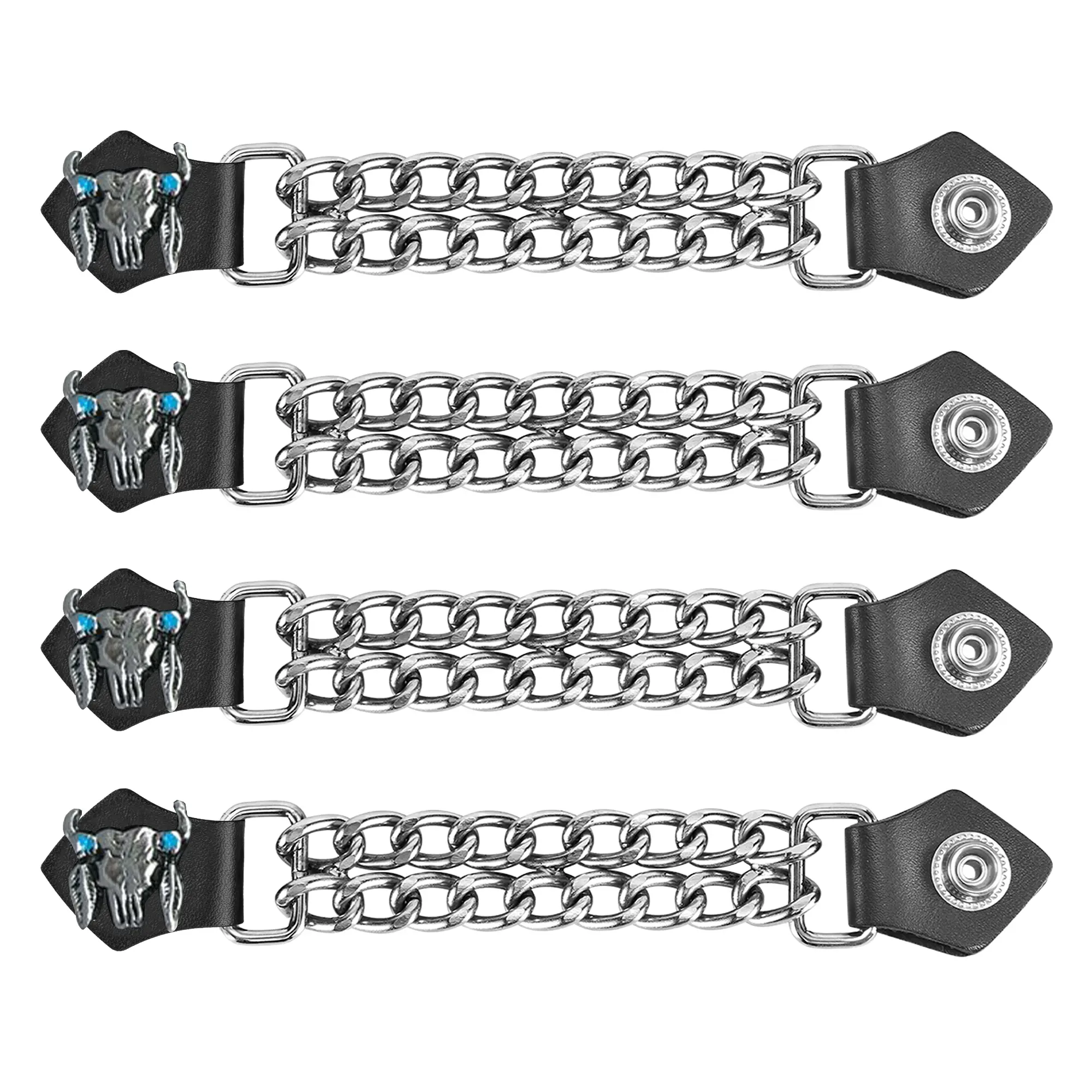 Dream Apparel W/ Steer Skull Graphic Head Vest Extender With Double Chains for Women/Man, Faux Leather Motorcycle Biker Vest Extender - 4pcs Set