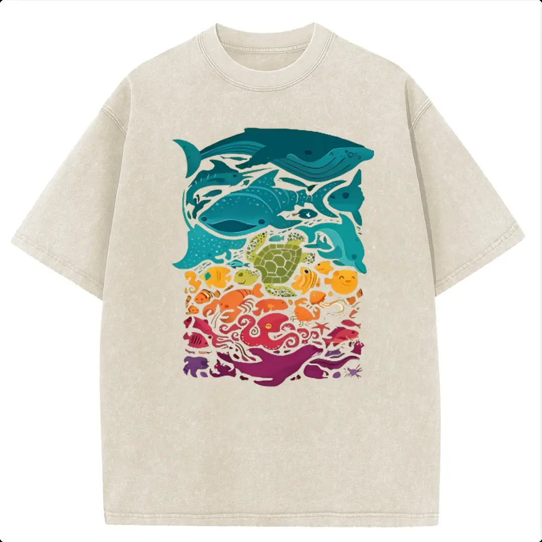 Sunland Unisex Crewneck T-Shirt, Ocean Creature Whale Shark Turtle Acid Wash Tee, Heavyweight Cotton Vintage Streetwear Graphic Tees for Men & Women Top