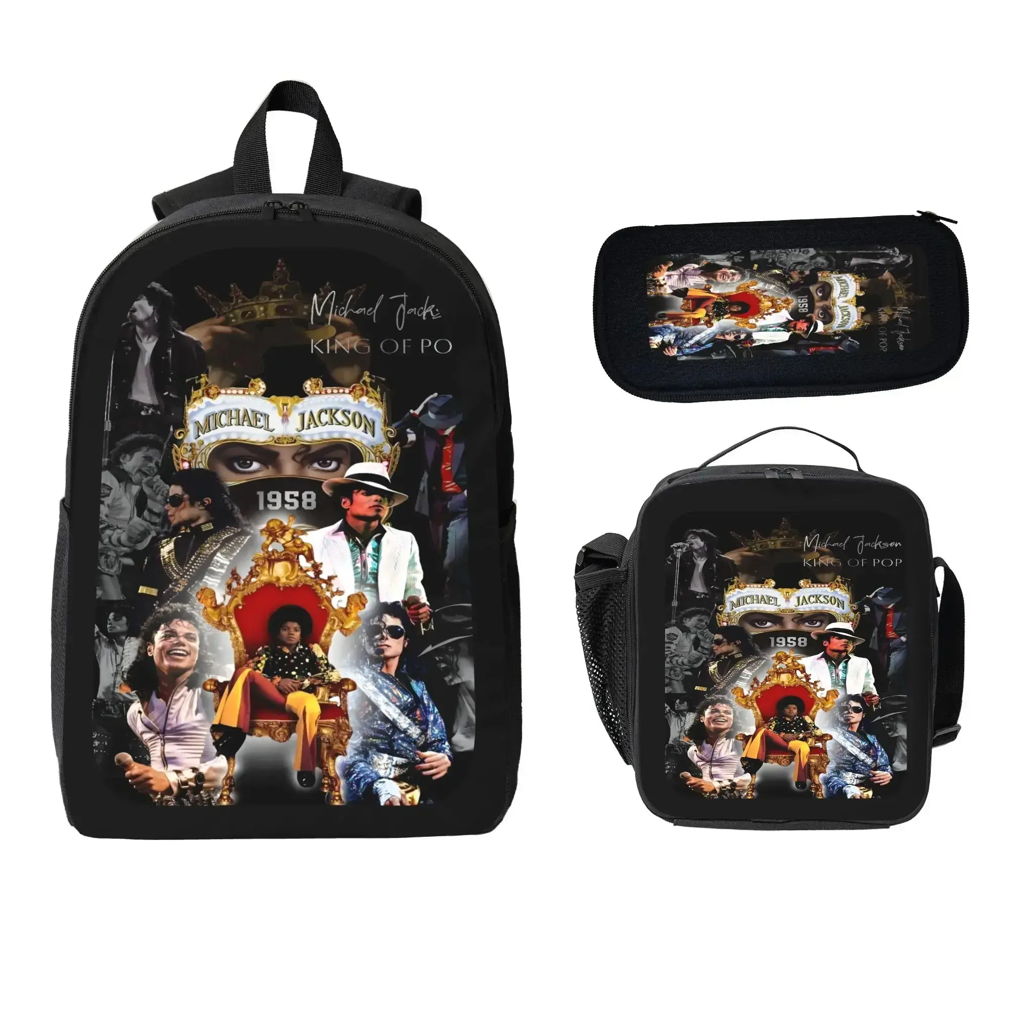 King of Pop Michael Jackson 3-in-1 Backpack Merch Set, Themed School Bookbag with Matching Lunch Box & Pencil Pouch, Must-Have Accessory for Teen MJ Fans